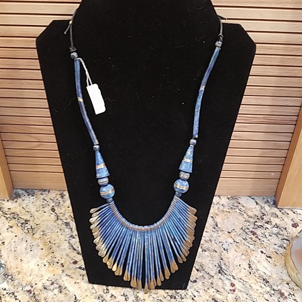 Boho Blue & gold tipped drop necklace GUC NWT - Picture 1 of 8